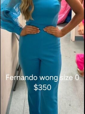Fernando Wong Teal One-Shoulder Jumpsuit with Sheer Puff Sleeve